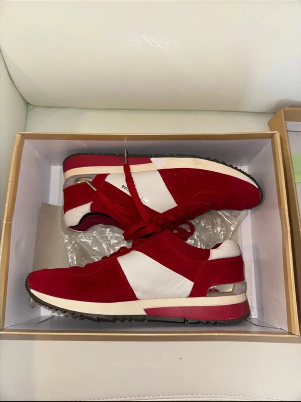 MICHAEL KORS RED & WHITE SUEDE LACE-UP SNEAKER